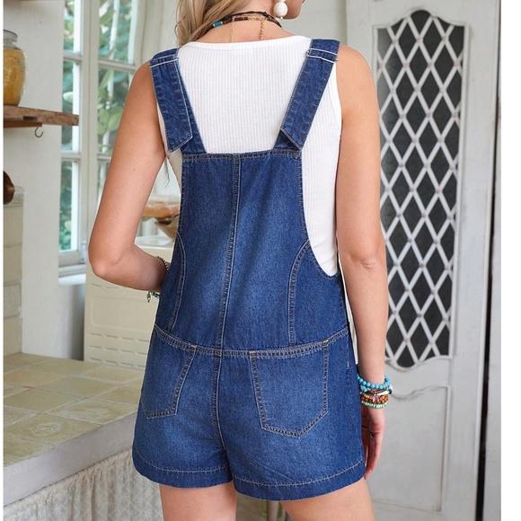 Dark Wash Button Down Pockets Adjustable Straps Jean Denim Short Overalls - Picture 5 of 6